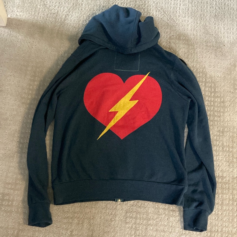 Aviator Nation Navy Hoodie with Red Heart and Yellow Lightning